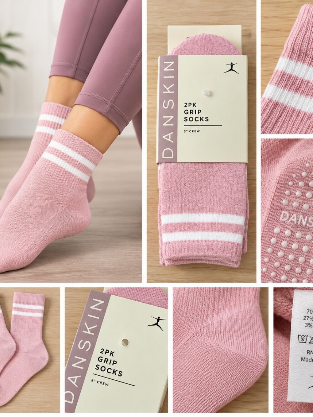 Danskin Pink Crew Grip Socks with White Stripe - 2 Pack
